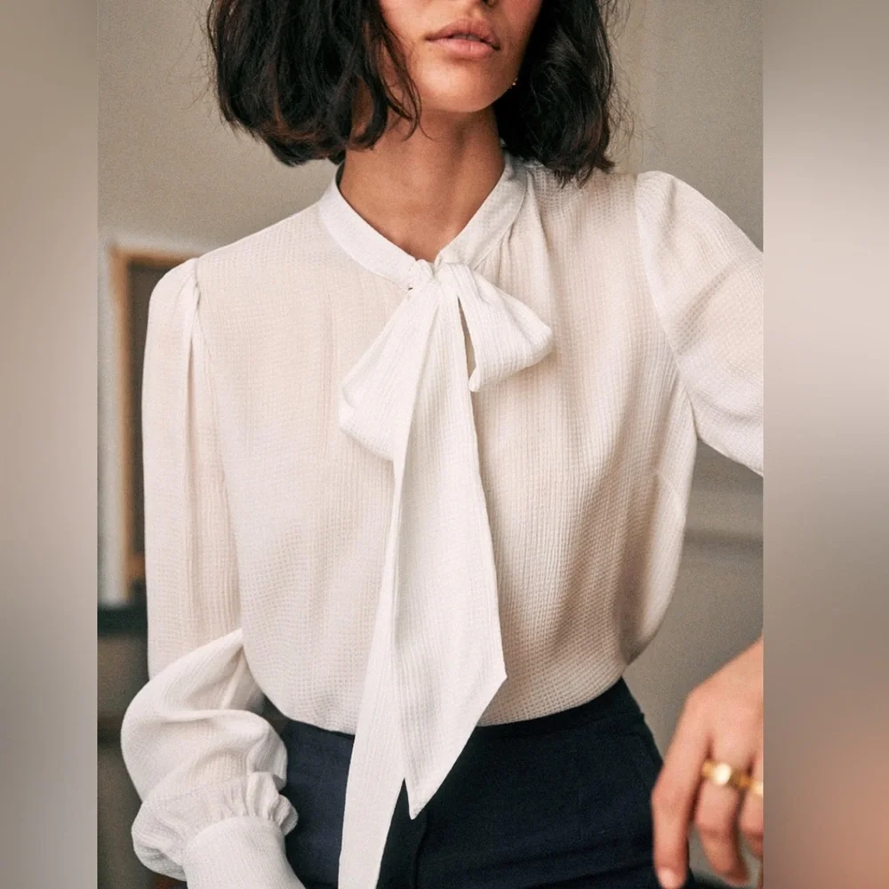 Sezane Laurya Silk Tie Neck Blouse in Cream Size 38 6 US